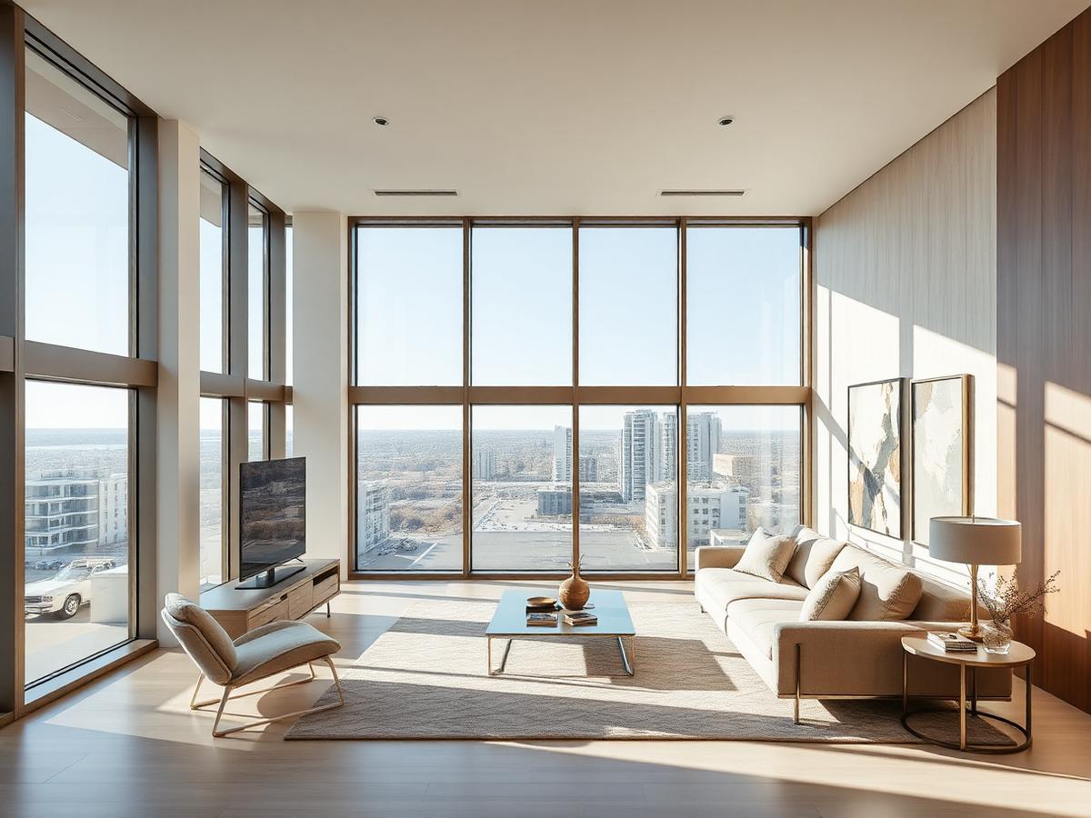 Interior de apartament premium cu ferestre podea-tavan