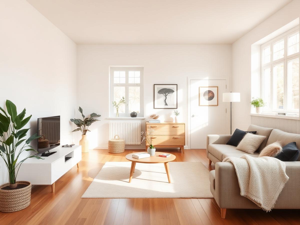 Studio scandinav cu podele din lemn și lumină naturală