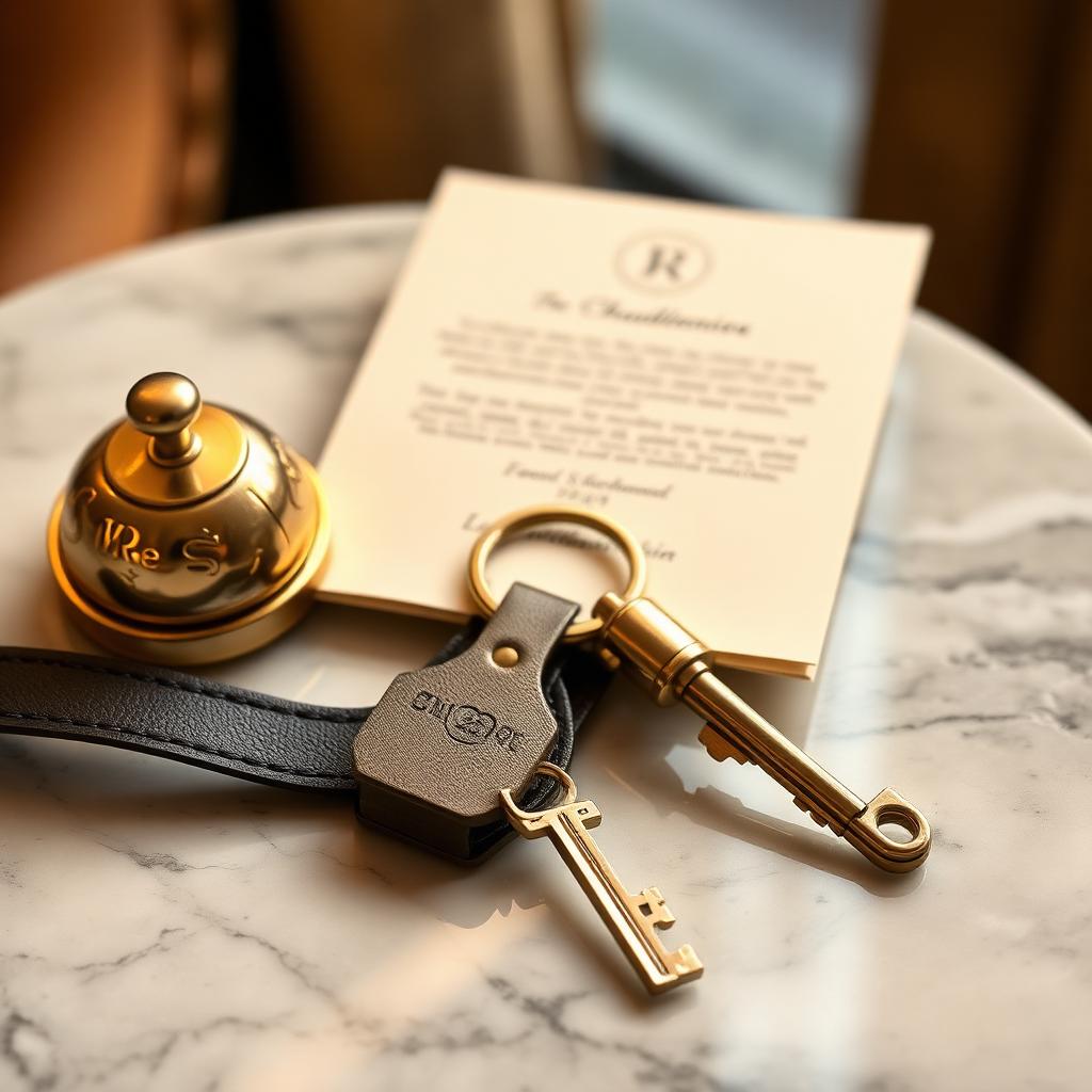 Chei din alamă pe breloc din piele lângă un clopoțel de concierge pe marmură