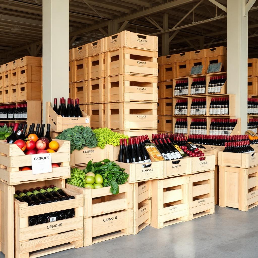 Lăzi din lemn cu produse proaspete și vinuri pentru comenzi en-gros