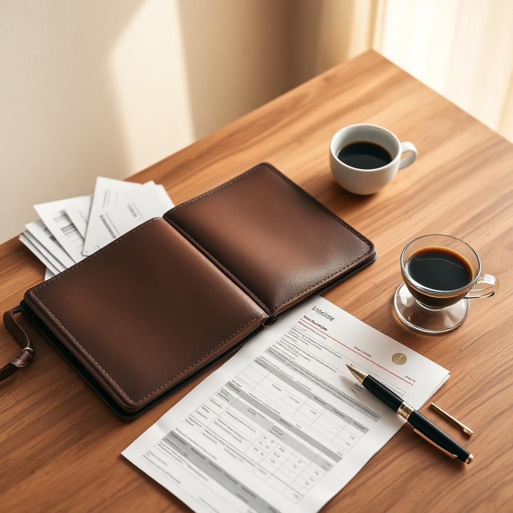 Birou elegant cu registru din piele, facturi și cafea espresso