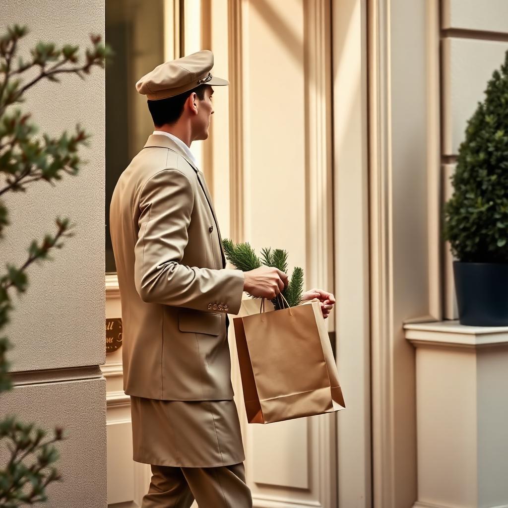 Curier elegant livrând produse premium la ușa unui apartament