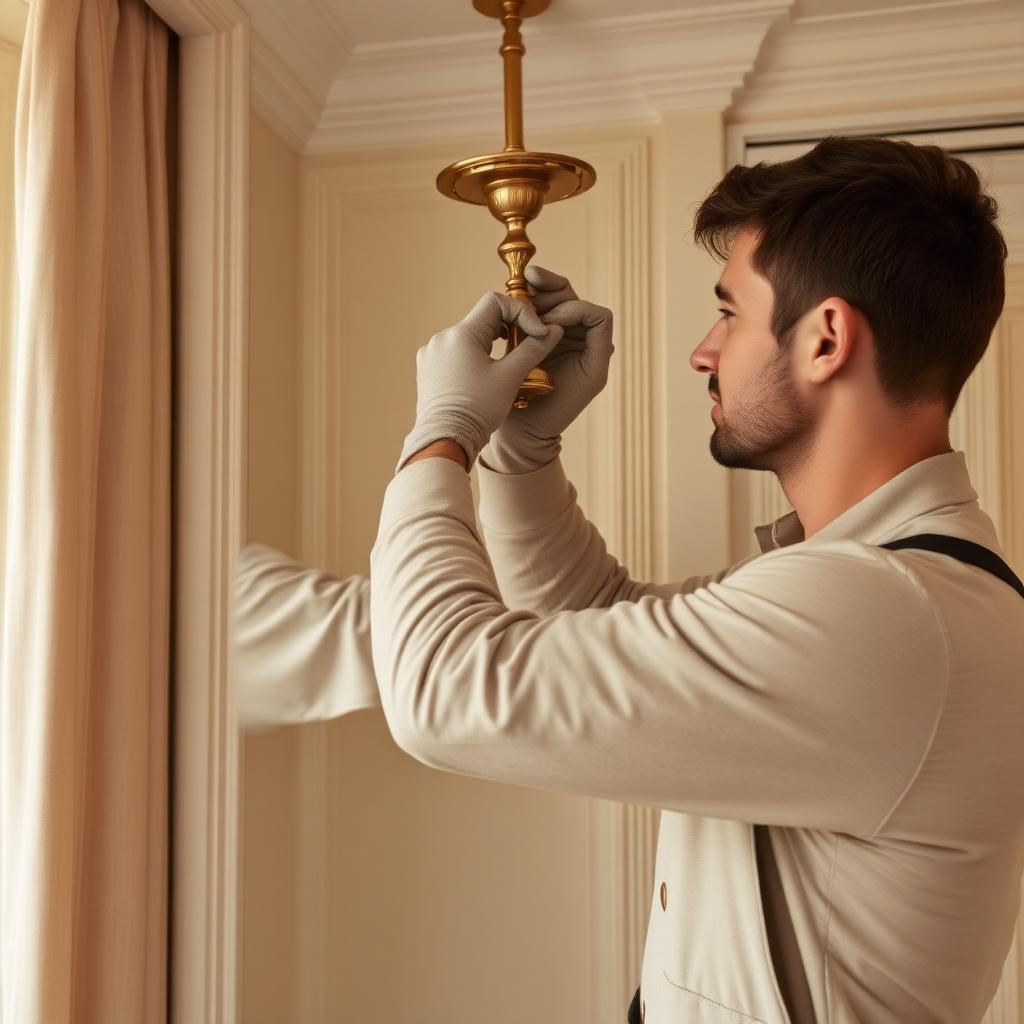 Tehnician calificat reparând un corp de iluminat din alamă într-un apartament