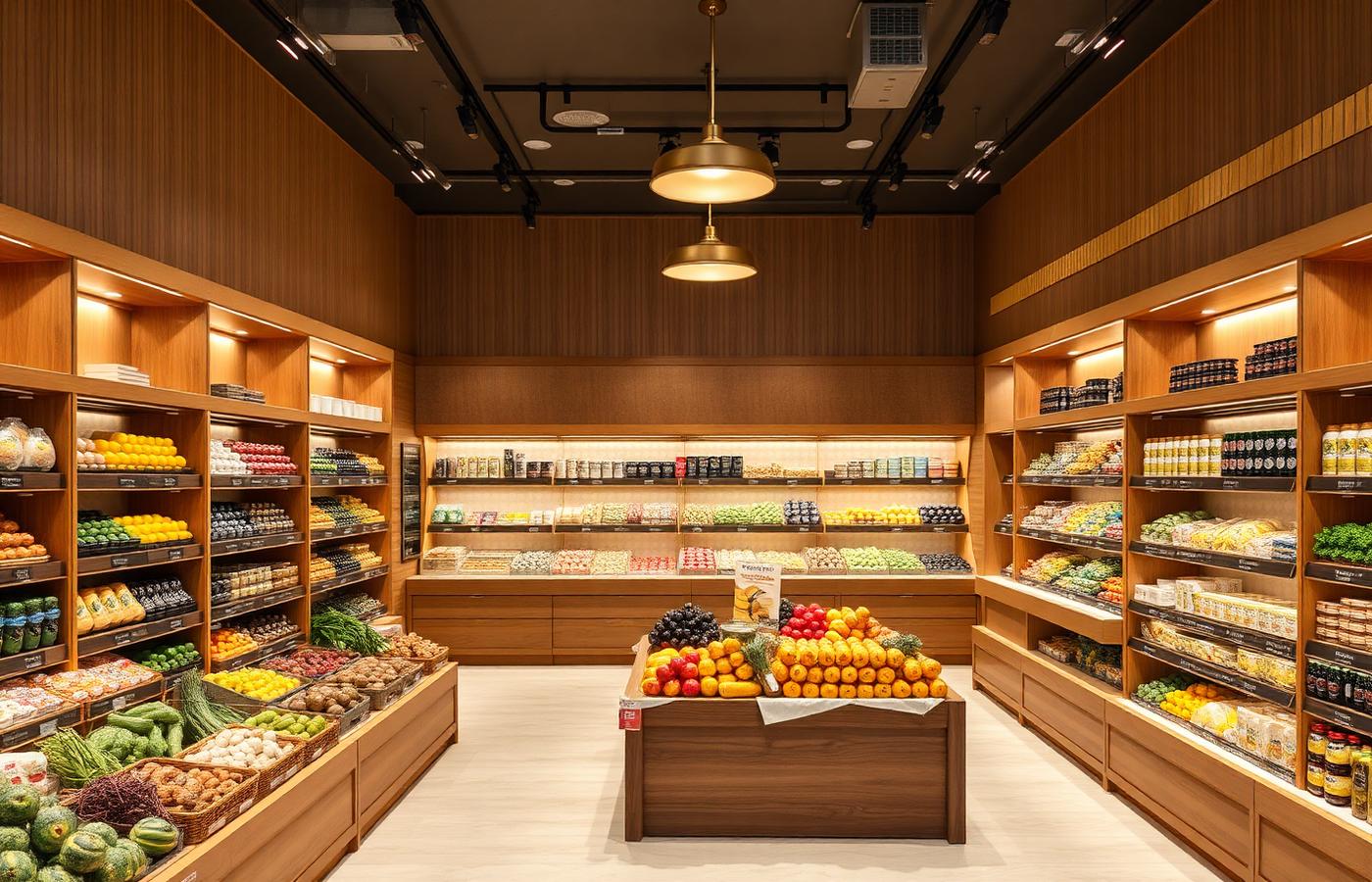 Interior magazin alimentar premium cu rafturi din lemn și produse locale